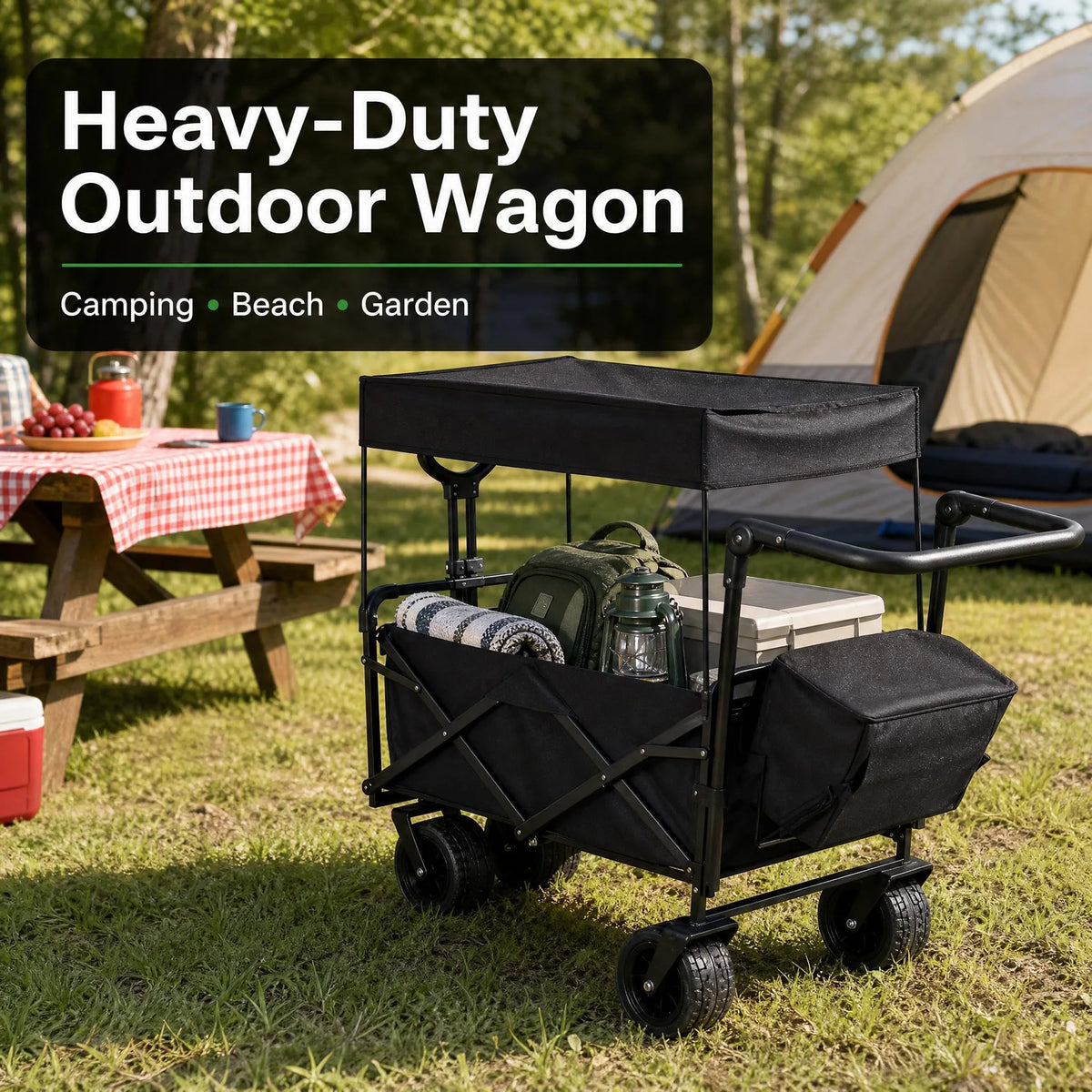 HiMISS Folding Utility Wagon Cart With Removable Canopy for Outdoor Use